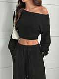 Casual Solid Color Sweatshirt Off-Shoulder Loose Knit Long-Sleeve Top and Pants Set RS-2279