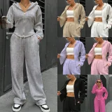 New Fashion Solid Color Hooded Cardigan Slim Fit Casual Pants Two-Piece Set RS-6999