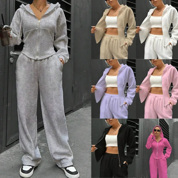 New Fashion Solid Color Hooded Cardigan Slim Fit Casual Pants Two-Piece Set RS-6999
