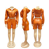 Sexy Hooded Long-sleeved Leather Jacket and Shorts Set PMR-810
