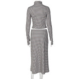 Fashionable Plaid Print Long-Sleeved Stand Collar Top and Slim Fit Bodycon Long Skirt Set RS-20249