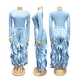 Solid Fitted Long Sleeve Top Wide-leg Pants Two Pieces PMR-814