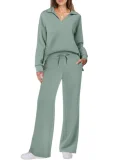 2026 Casual Loose V-neck Long-sleeved Top with Drawstring Elastic Waist and Flared Pants Two-Piece Set RS-015