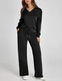 2026 Casual Loose V-neck Long-sleeved Top with Drawstring Elastic Waist and Flared Pants Two-Piece Set RS-015