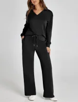 2026 Casual Loose V-neck Long-sleeved Top with Drawstring Elastic Waist and Flared Pants Two-Piece Set RS-015