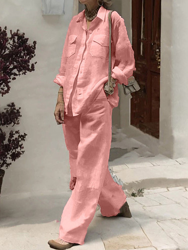 2026 Casual Solid Color Long-Sleeve Shirt and Loose-Fitting Trousers Set RS-2212