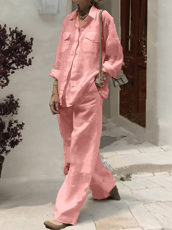 2026 Casual Solid Color Long-Sleeve Shirt and Loose-Fitting Trousers Set RS-2212