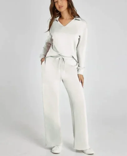 2026 Casual Loose V-neck Long-sleeved Top with Drawstring Elastic Waist and Flared Pants Two-Piece Set RS-015