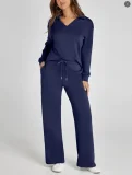 2026 Casual Loose V-neck Long-sleeved Top with Drawstring Elastic Waist and Flared Pants Two-Piece Set RS-015