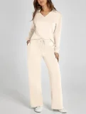 2026 Casual Loose V-neck Long-sleeved Top with Drawstring Elastic Waist and Flared Pants Two-Piece Set RS-015