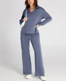2026 Casual Loose V-neck Long-sleeved Top with Drawstring Elastic Waist and Flared Pants Two-Piece Set RS-015
