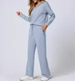 2026 Casual Loose V-neck Long-sleeved Top with Drawstring Elastic Waist and Flared Pants Two-Piece Set RS-015