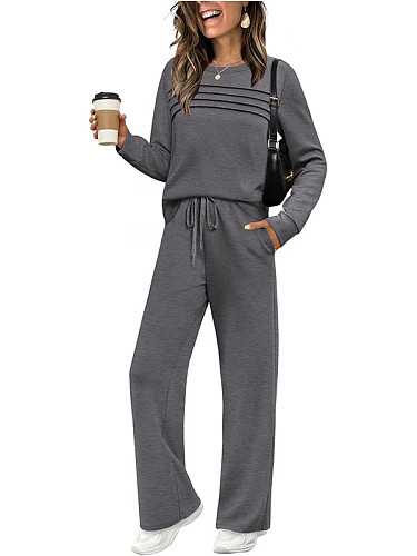 Casual Long-Sleeve Crew Neck Sweatshirt Set with Elastic Waist and Wide-Leg Pants RS-611