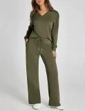 2026 Casual Loose V-neck Long-sleeved Top with Drawstring Elastic Waist and Flared Pants Two-Piece Set RS-015