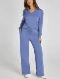 2026 Casual Loose V-neck Long-sleeved Top with Drawstring Elastic Waist and Flared Pants Two-Piece Set RS-015