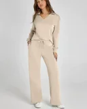 2026 Casual Loose V-neck Long-sleeved Top with Drawstring Elastic Waist and Flared Pants Two-Piece Set RS-015