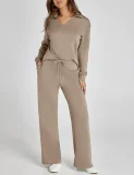 2026 Casual Loose V-neck Long-sleeved Top with Drawstring Elastic Waist and Flared Pants Two-Piece Set RS-015