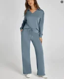 2026 Casual Loose V-neck Long-sleeved Top with Drawstring Elastic Waist and Flared Pants Two-Piece Set RS-015