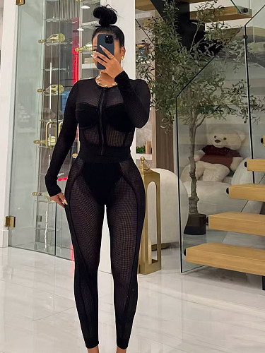 2026 Fashion Mesh Zipper Cardigan and Leggings Two-Piece Set RS-391418