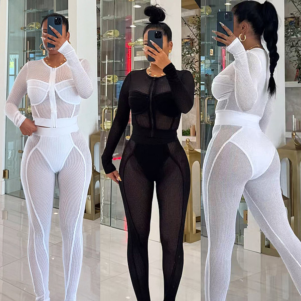 2026 Fashion Mesh Zipper Cardigan and Leggings Two-Piece Set RS-391418