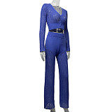 New Solid Color Knitted Sheer Hollow-Out Long-Sleeved Top and High-Waisted Pants Set RS-2102