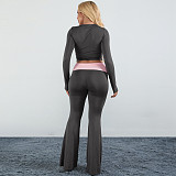 New Rhinestone Color Block Round Neck Long Sleeve Top and Flare Pants Two-Piece Set RS--17414
