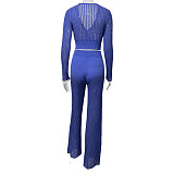 New Solid Color Knitted Sheer Hollow-Out Long-Sleeved Top and High-Waisted Pants Set RS-2102