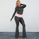 New Rhinestone Color Block Round Neck Long Sleeve Top and Flare Pants Two-Piece Set RS--17414