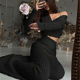 New Solid Color Knitted Sheer Hollow-Out Long-Sleeved Top and High-Waisted Pants Set RS-2102