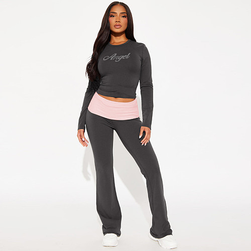 New Rhinestone Color Block Round Neck Long Sleeve Top and Flare Pants Two-Piece Set RS--17414