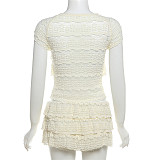 Summer Sweet Lace Plain Slim Pleated Short Skirt Set RS-253183
