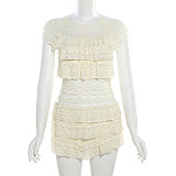 Summer Sweet Lace Plain Slim Pleated Short Skirt Set RS-253183