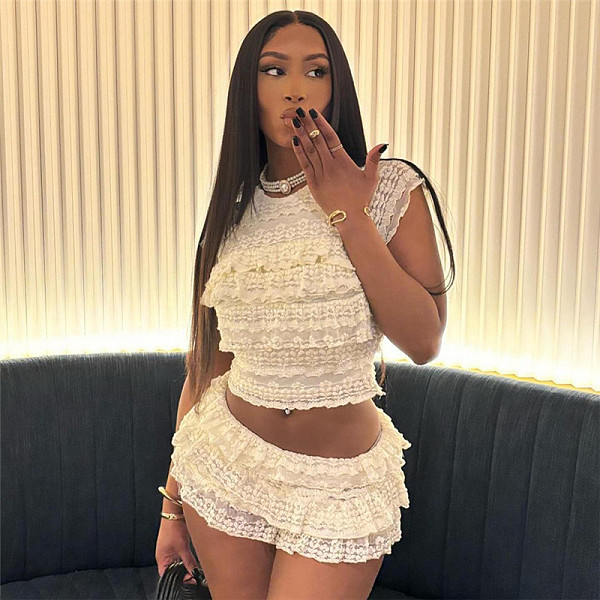 Summer Sweet Lace Plain Slim Pleated Short Skirt Set RS-253183