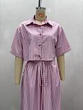 Fashionable Striped Short-Sleeve Shirt with High-Waisted Tie-Waist Two-Piece Set QZ-7189