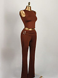 Casual Midriff-Exposing Sleeveless Top and Tight-Fitting Pants Set XS-45608