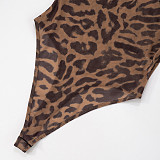 Sexy Leopard Print Mesh High-Neck Long-Sleeve Jumpsuit and Leggings Set RS-25ST200