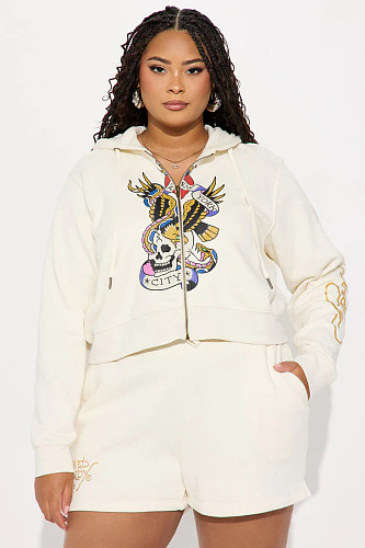 Skeleton Printed Zipper White Women Two Pieces Shorts Set MJL-XX773