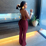 Sexy Hollow-Out Faux Two-Piece Halter Neck Swing Neck Low Backless Jumpsuit RS-25JP554