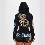 Zipper Hoodies Thin Jacket Print Shorts Summer Two Pieces MJL-XH903