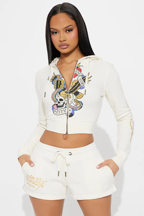 Skeleton Printed Zipper White Women Two Pieces Shorts Set MJL-XX773