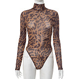 Sexy Leopard Print Mesh High-Neck Long-Sleeve Jumpsuit and Leggings Set RS-25ST200