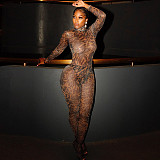 Sexy Leopard Print Mesh High-Neck Long-Sleeve Jumpsuit and Leggings Set RS-25ST200