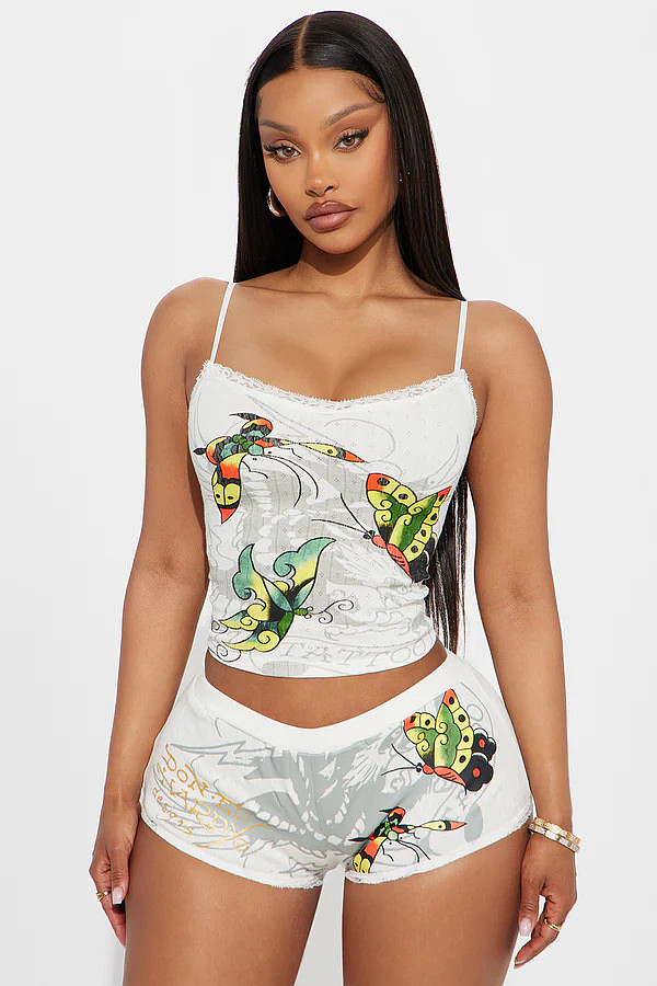 Printed Lace Trimmed Strap Vest Shorts Set MJL-XX292