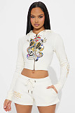 Skeleton Printed Zipper White Women Two Pieces Shorts Set MJL-XX773