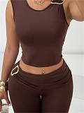 Casual Midriff-Exposing Sleeveless Top and Tight-Fitting Pants Set XS-45608