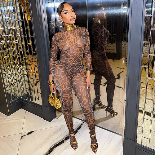 Sexy Leopard Print Mesh High-Neck Long-Sleeve Jumpsuit and Leggings Set RS-25ST200