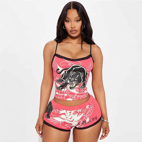 Pink Girl Ruffled Strap Vest And Shorts Set MJL-XX851