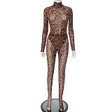 Sexy Leopard Print Mesh High-Neck Long-Sleeve Jumpsuit and Leggings Set RS-25ST200
