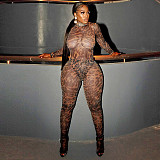 Sexy Leopard Print Mesh High-Neck Long-Sleeve Jumpsuit and Leggings Set RS-25ST200