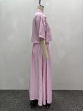 Fashionable Striped Short-Sleeve Shirt with High-Waisted Tie-Waist Two-Piece Set QZ-7189
